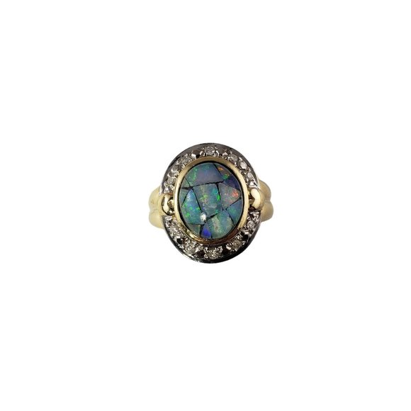 Estate Jewelry - Vintage 14K Yellow Gold Opal Triplet & Diamond Ring Size 8 JAGi Certified #13915